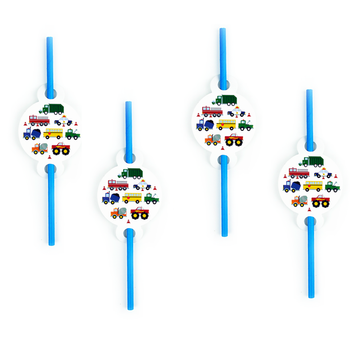 Słomki papierowe POJAZDY - AUTKA, niebieski, 18 cm, 1 op/ 8 szt
