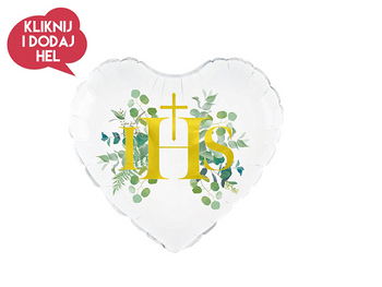 Balon foliowy SERCE IHS - KOMUNIA ŚWIĘTA, biały/zielony/złoty  - 45 cm