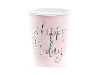 Kubeczki papierowe HAPPY B'DAY, jasny różowy, 220 ml, 1 op/ 6 szt